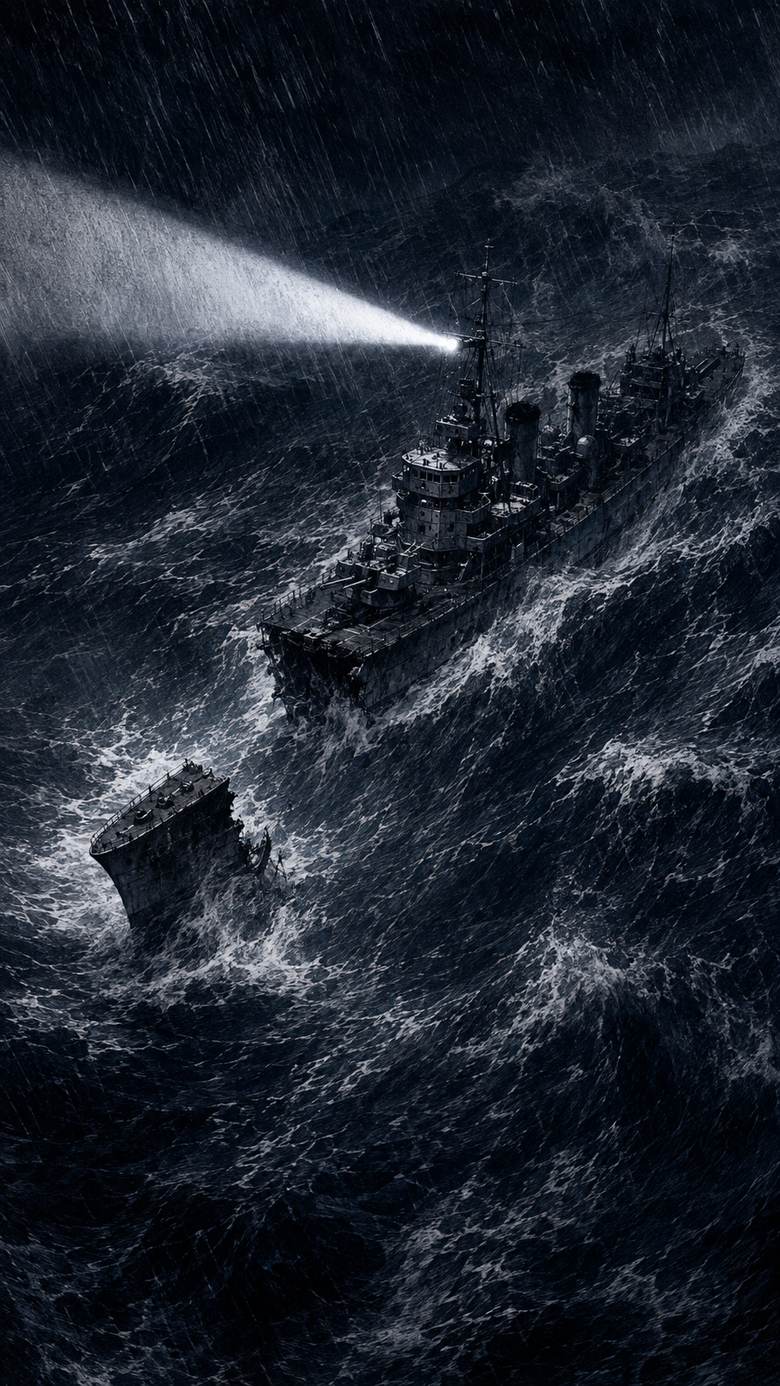 嵐の海で艦首を失う駆逐艦