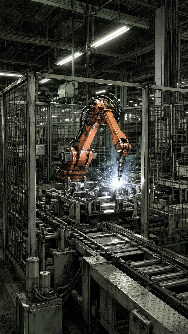 1990 年の工場の溶接ロボット