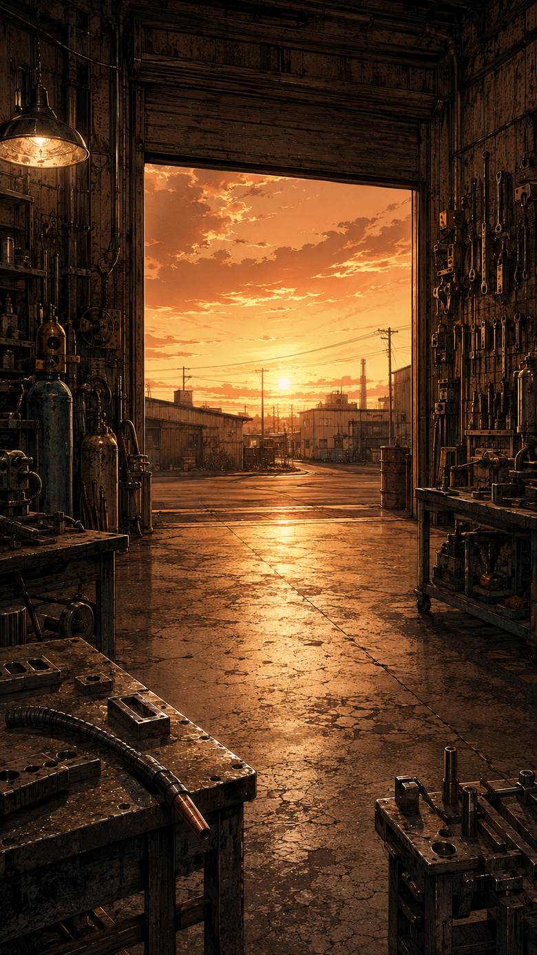 夕暮れの町工場