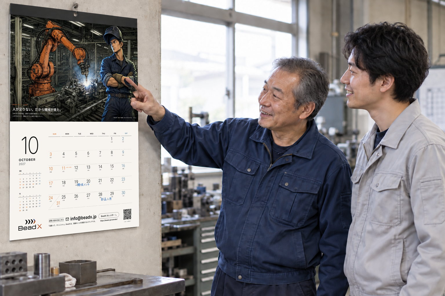 10月の溶接ロボットの絵を見て先輩と若手が話す場面