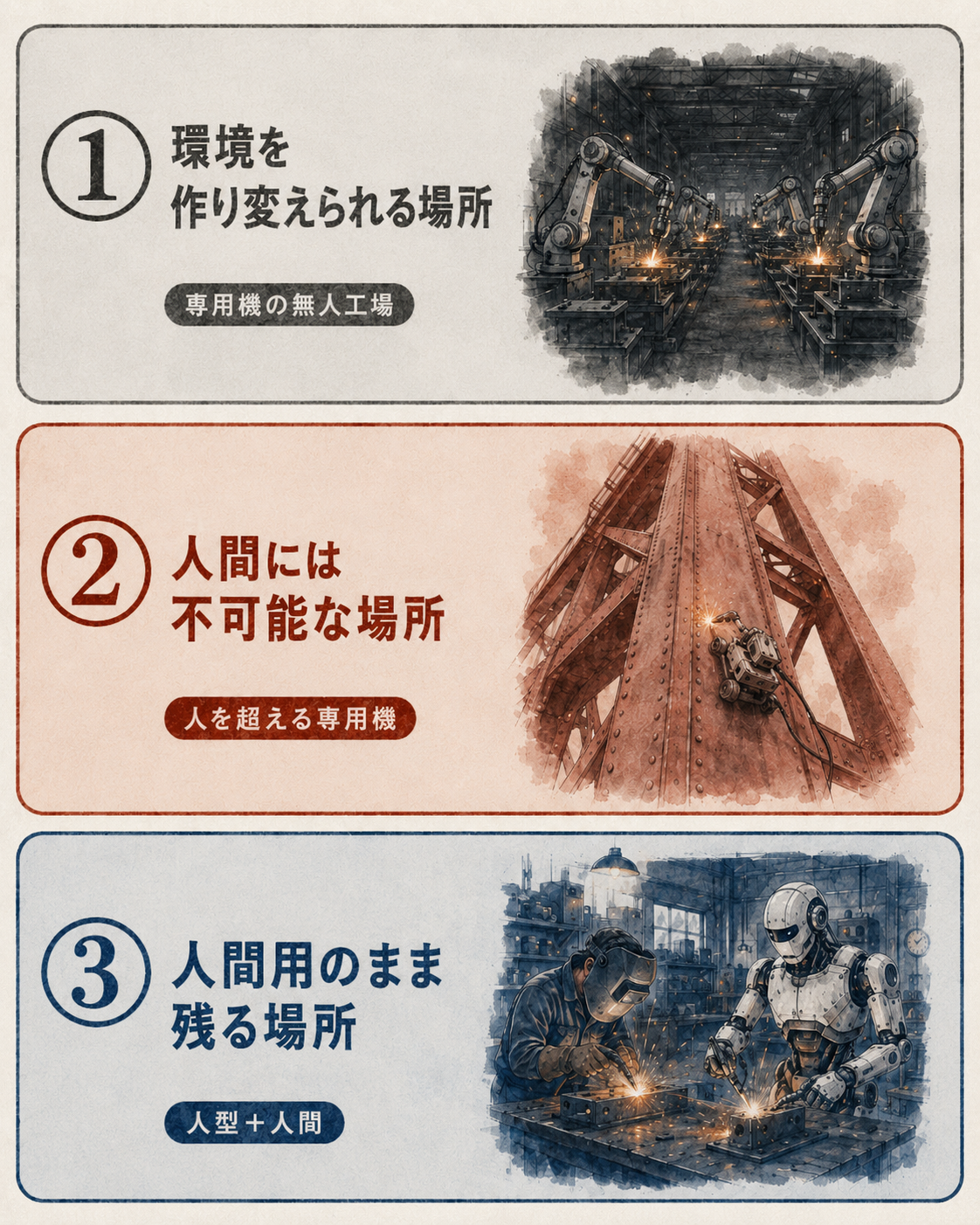 3 つの領土：①環境を作り変えられる場所＝専用機の無人工場／②人間には不可能な場所＝人を超える専用機／③人間用のまま残る場所＝人型＋人間
