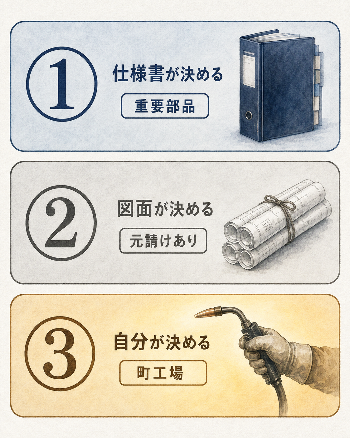 溶接の工法を決めているのは誰か：仕様書が決める／図面が決める／溶接する人が決める