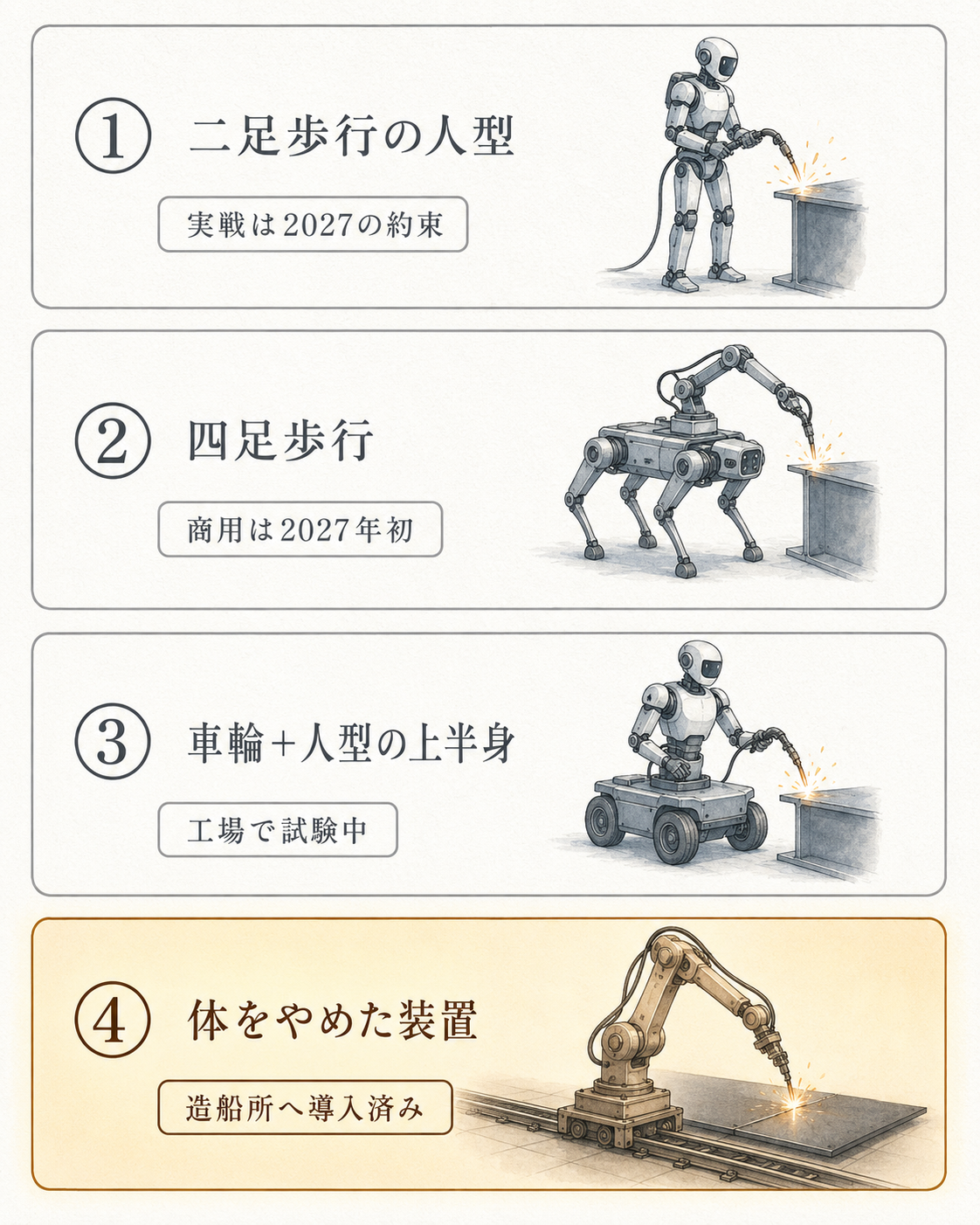 溶接自動化の 4 つの体：二足歩行の人型／四足歩行／車輪＋人型の上半身／体をやめた装置