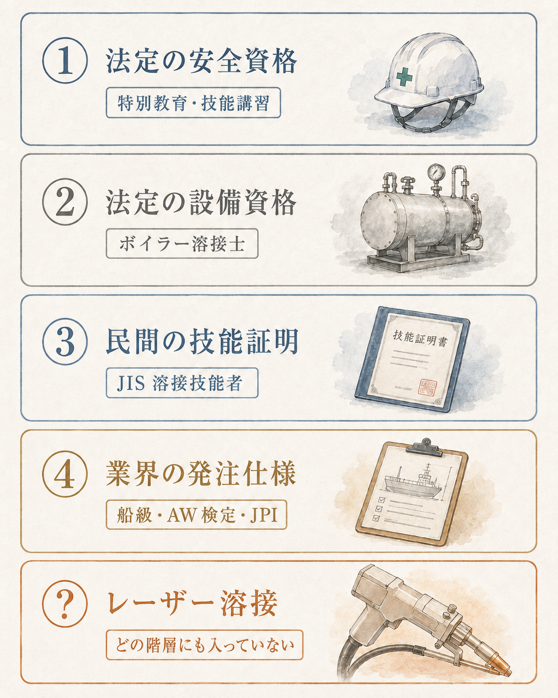 溶接資格の 4 階層：①法定の安全資格 ②法定の設備資格 ③民間の技能証明 ④業界の発注仕様。レーザー溶接はどの階層にも入っていない